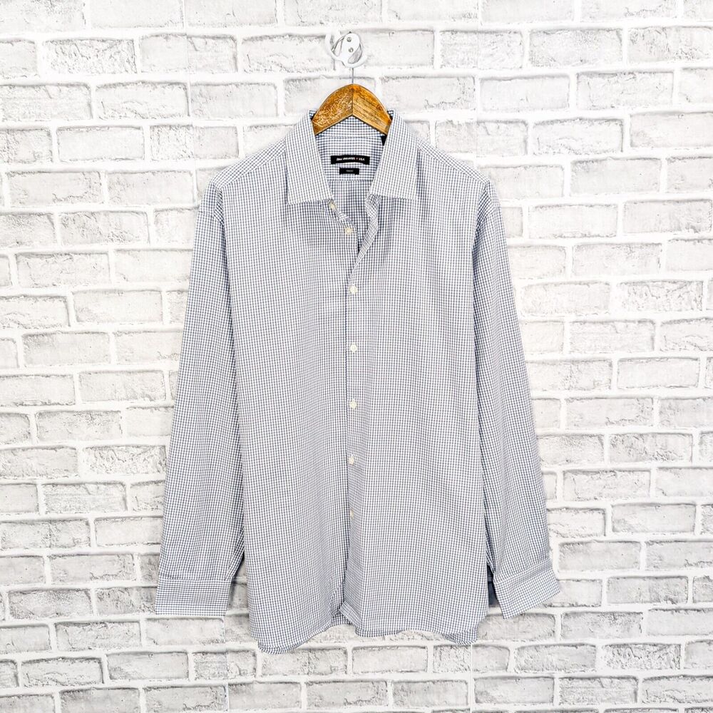 John Varvatos Trim Fit Button up Dress Shirt Gray Blue grid check sz 17